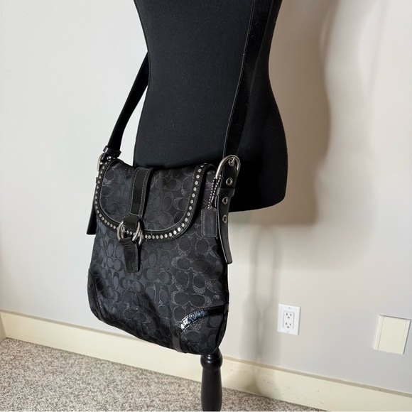 COACH Black Metallic Signature C Studded Flap Crossbody Bag Logo Monogram Snap - Picture 8 of 14